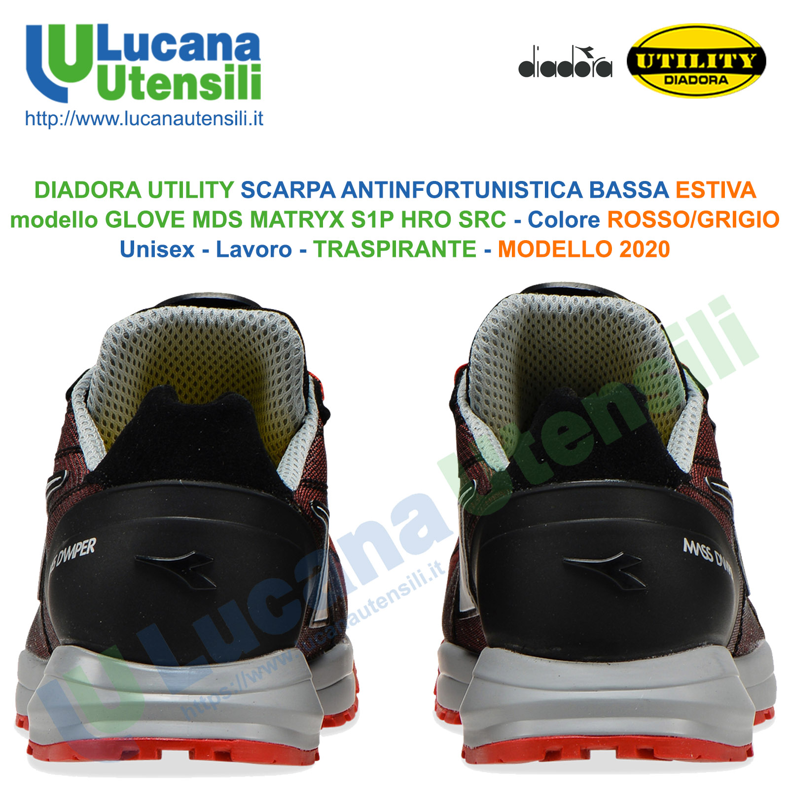 DIADORA SCARPE DA LAVORO ANTINFORTUNISTICHE ESTIVE modello GLOVE MDS MATRYX S1P HRO SRC – COLORE POPPY RED/GRAY – NUOVO MODELLO 2020 – Lucana Utensili s.r.l. – Noleggio e Vendita